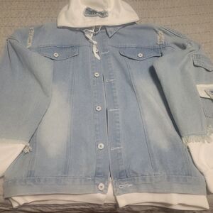 Light Blue Denim Jacket with White Hoodie